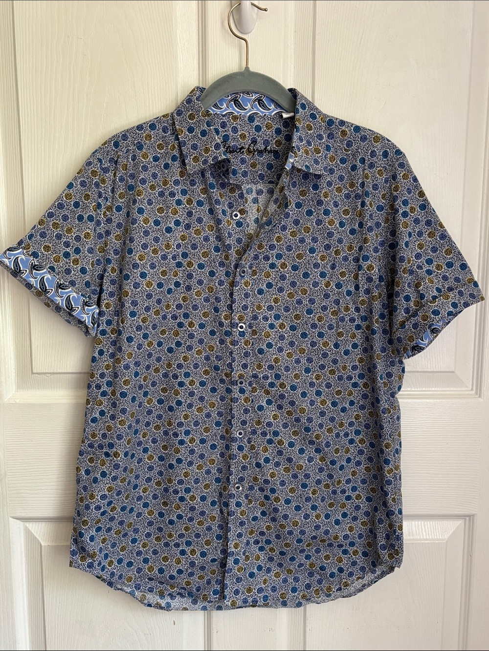 ROBERT GRAHAM Classic Fit Short-Sleeve Button-Down Shirt Blue Dot Print sz Small